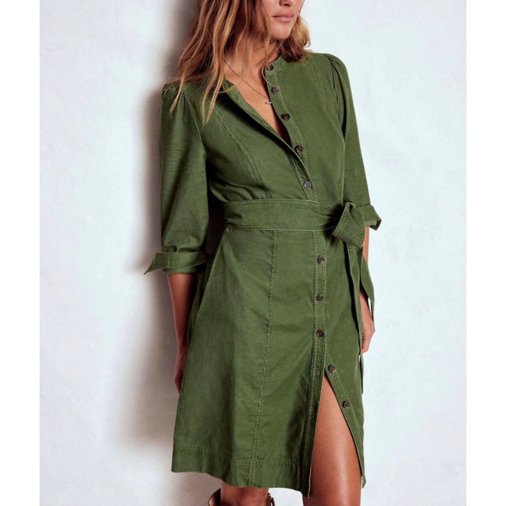 Boden Bre Cord Short Dress US Size 2 / UK Size 6 Corduroy Button Up Belted Green